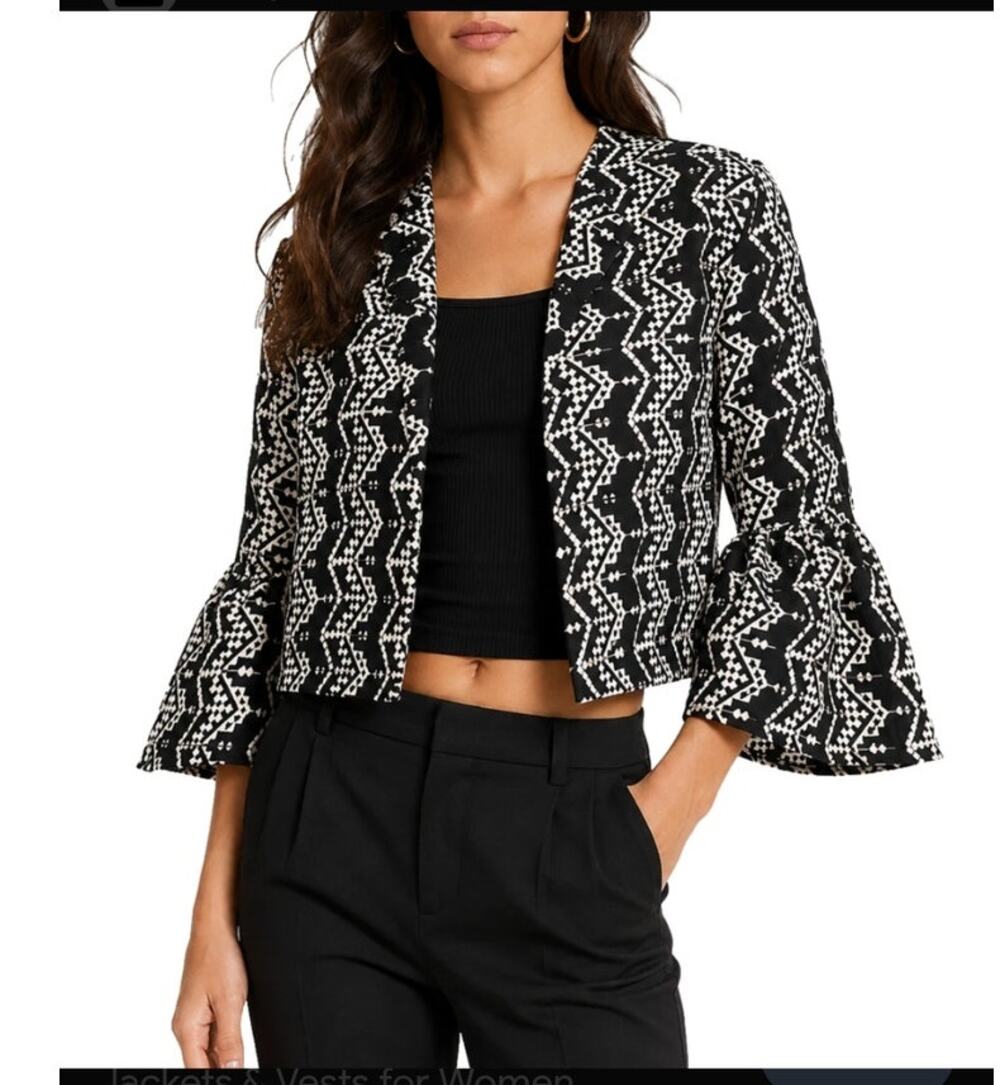 Zara Basic Collection Black White Geometric Embroidered Jacket Blazer Size M